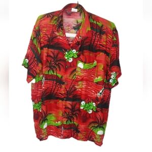 Vtg Hawaiian Shirt Large Red Sunset Sail Boat Palms Nautical Tropical